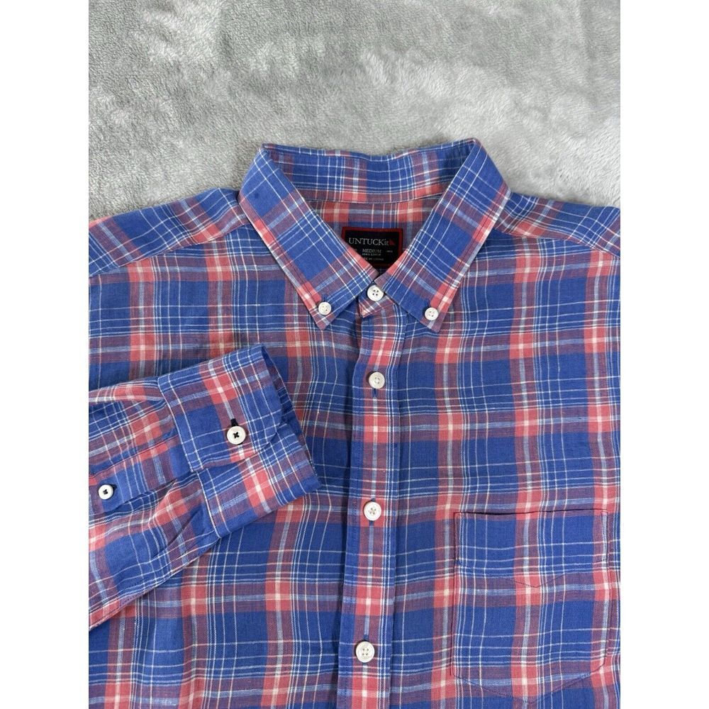 Untuckit‎ Shirt Mens Medium Blue Red Plaid Linen Long Sleeve Button Up